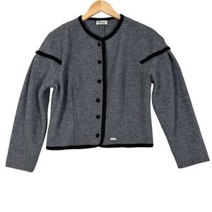 VTG Boos Austria Gray Boiled Wool Trachten Cardigan Sweater Black‎ Trim L READ
